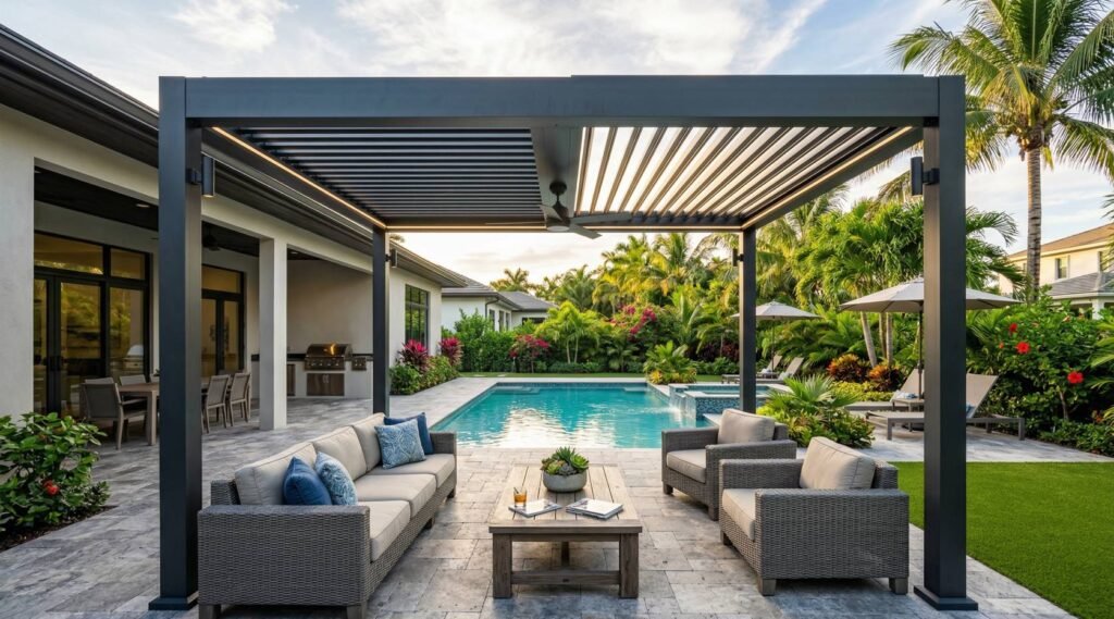 A modern black louvered pergola installation in a South Florida backyard. The structure features integrated LED strip lighting and a ceiling fan over a comfortable outdoor living area with grey wicker furniture