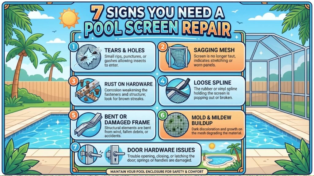 Professional pool screen enclosure in Miami showing the 7 signs of wear and tear that require a pool screen repair near me.