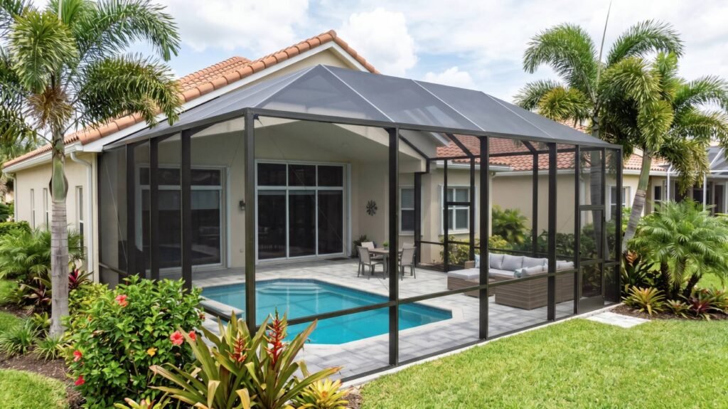 Instalación profesional de pool screen enclosure en Miami por el equipo experto de Palacios Screens.